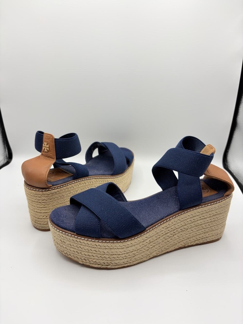 Tory Burch Frieda Espadrille Wedge Platform Sandals Navy Blue Tan Women Sz 6.5